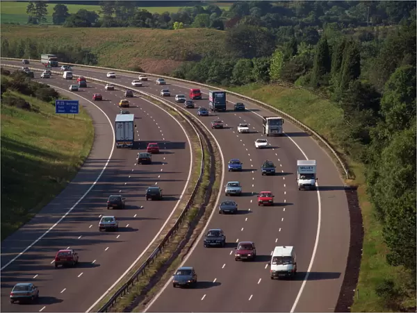 Vans, cars and lorries on the M25 motorway in England, United Kingdom, Europe