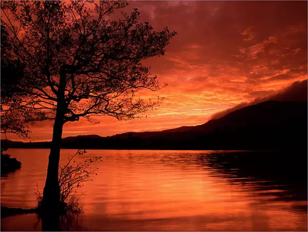 Red sky at sunset, Coniston Water, Consiton, Lake District, Cumbria, England