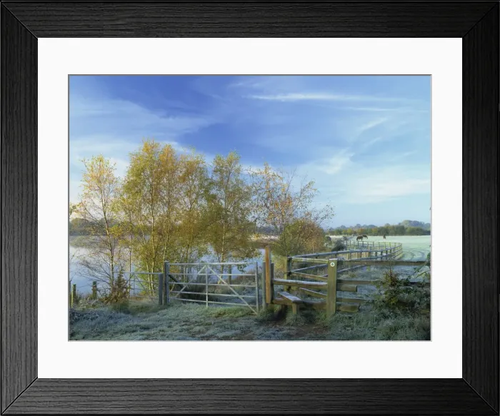 Framed Print : Footpath and stile near Horseshoe Lake on a frosty morning in autumn, Sandhurst Framed Print : Footpath and stile near Horseshoe Lake on a frosty morning in autumn, Sandhurst