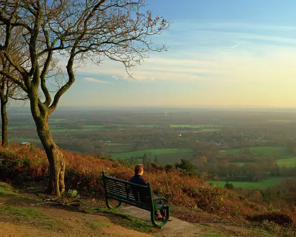 Person looking across the Weald with a view for 25 miles to the South Downs from the Greensand Ridge, Pitch Hill, Ewhurst, Surrey, England, United