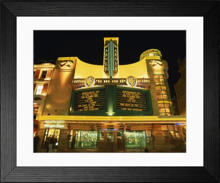 Framed Print : Exterior of the Warner Cinema illuminated at night, Leicester Square, London Framed Print : Exterior of the Warner Cinema illuminated at night, Leicester Square, London