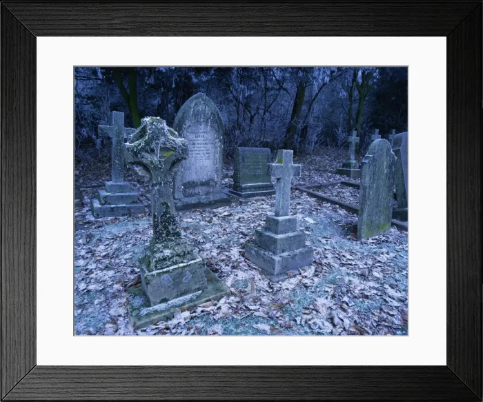 Framed Print : Frost on headstones and gravestones in a graveyard in winter at Ossington Framed Print : Frost on headstones and gravestones in a graveyard in winter at Ossington
