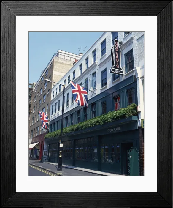 Framed Print : Exterior of Quo Vadis bar and restaurant, Union flags flying, Soho, London Framed Print : Exterior of Quo Vadis bar and restaurant, Union flags flying, Soho, London