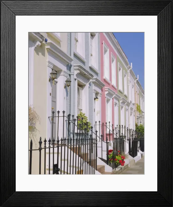 Framed Print : Terraced houses and wrought iron railings, Kensington, London, England, UK Framed Print : Terraced houses and wrought iron railings, Kensington, London, England, UK