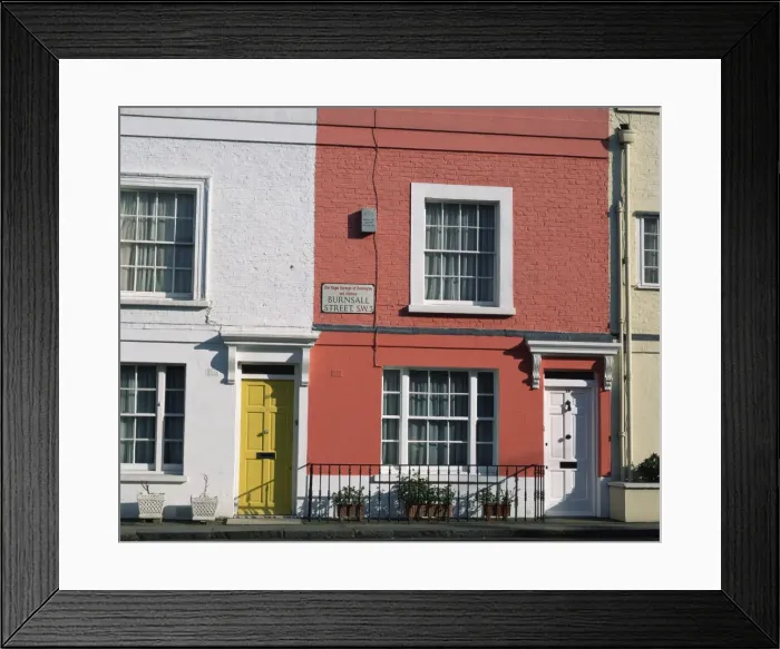 Framed Print : Exterior facade of colourful terraced houses, Chelsea, London, England Framed Print : Exterior facade of colourful terraced houses, Chelsea, London, England