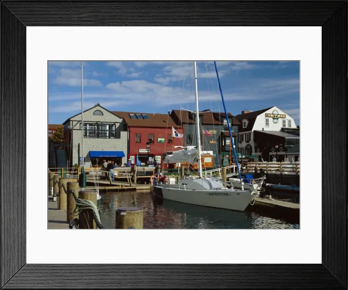 Framed Print : Moored yacht and wooden buildings on the waterfront at Bannister and Bowens Wharves Framed Print : Moored yacht and wooden buildings on the waterfront at Bannister and Bowens Wharves