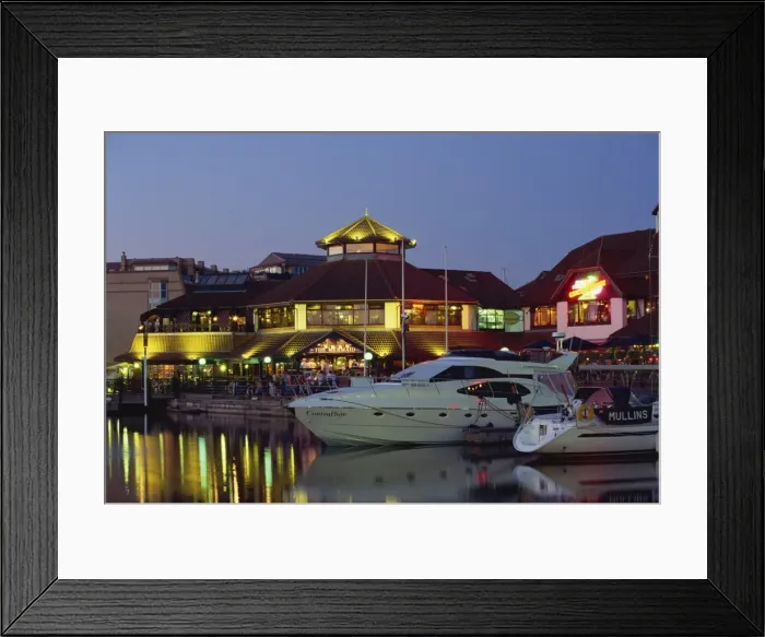 Framed Print : Boats and restaurants at dusk, Marina, Port Solent, Hampshire, England Framed Print : Boats and restaurants at dusk, Marina, Port Solent, Hampshire, England