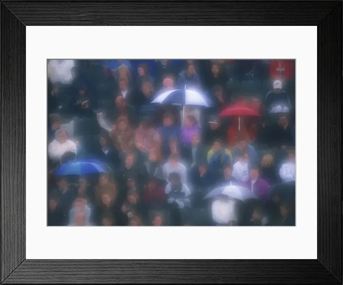 Framed Print : Diffuser filter used on shot of Wimbledon crowd in the rain, London, England Framed Print : Diffuser filter used on shot of Wimbledon crowd in the rain, London, England