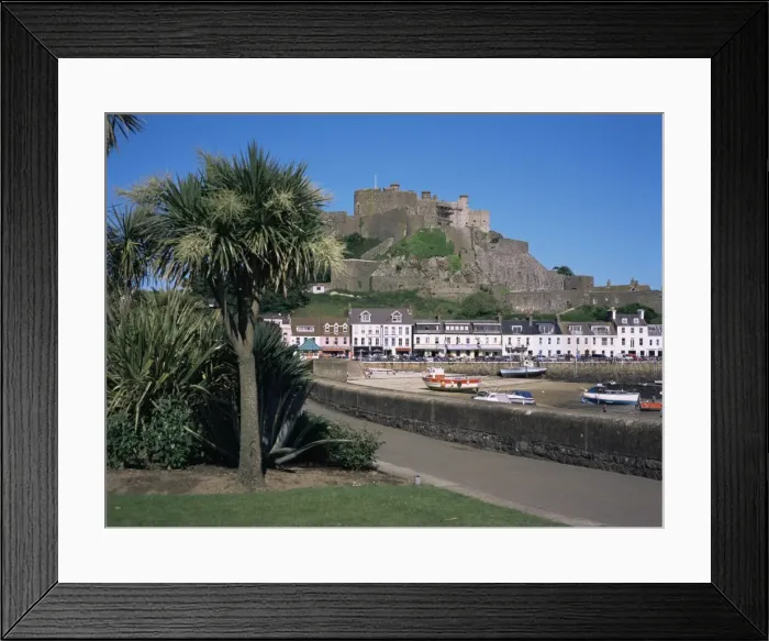Framed Print : Mount Orgueil castle, palms and quayside, Gorey, Jersey, Channel Islands