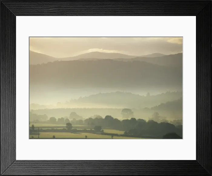 Framed Print : View of hills and landscape in early morning mist, River Derwent Valley Framed Print : View of hills and landscape in early morning mist, River Derwent Valley