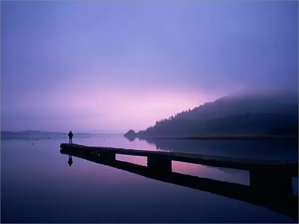 Setting sun through rising mist, Bassenthwaite Lake, Lake District, Cumbria