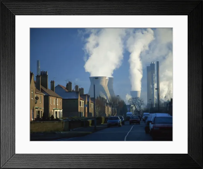 Framed Print : Coal fired power station viewed from residential area, Yorkshire, England Framed Print : Coal fired power station viewed from residential area, Yorkshire, England