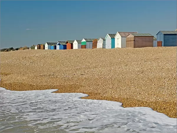 Beach huts locked up for winter, Hayling Island, Hampshire, England, United Kingdom