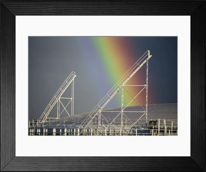 Framed Print : Close-up of the end of a rainbow over a gasometer at Richmond, near London Framed Print : Close-up of the end of a rainbow over a gasometer at Richmond, near London