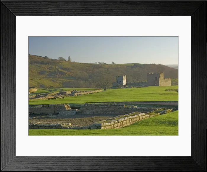 Framed Print : View south to reconstruction, Roman settlement and fort at Vindolanda, Roman Wall south Framed Print : View south to reconstruction, Roman settlement and fort at Vindolanda, Roman Wall south
