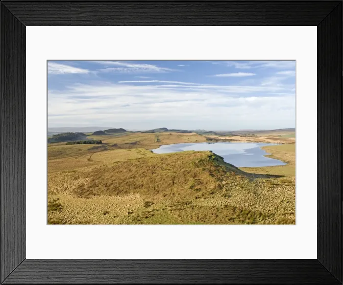Framed Print : Looking west from Sewingshields Crag over Broomlee Lough with the line of Hadrians Wall following the crags on skyline, Hadrians Wall, UNESCO World Heritage Site, Northumbria, England, United Framed Print : Looking west from Sewingshields Crag over Broomlee Lough with the line of Hadrians Wall following the crags on skyline, Hadrians Wall, UNESCO World Heritage Site, Northumbria, England, United