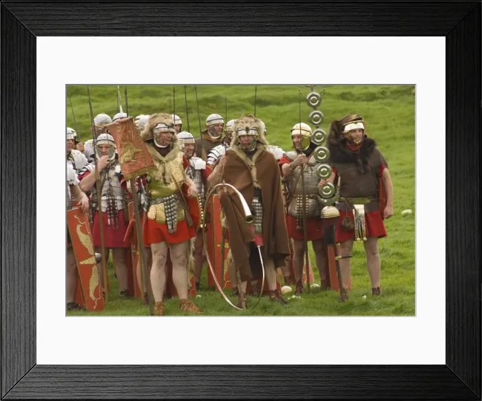 Framed Print : Ermine Street Guard, at ease, with Standard Bearers and Trumpeter, Birdoswald Roman Fort Framed Print : Ermine Street Guard, at ease, with Standard Bearers and Trumpeter, Birdoswald Roman Fort