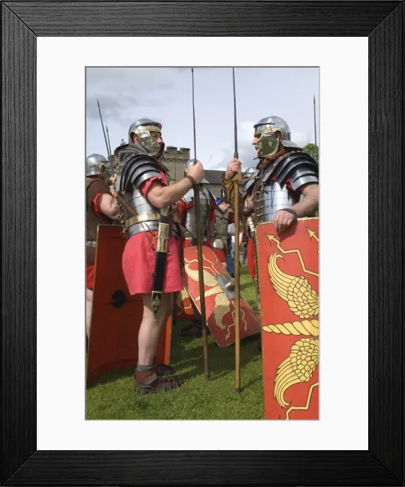 Framed Print : Two members of the Ermine Street Guard in conversation, Birdoswald Roman Fort Framed Print : Two members of the Ermine Street Guard in conversation, Birdoswald Roman Fort
