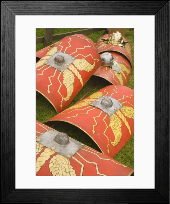 Framed Print : Shields and helmets of the Ermine Street Guard, Birdoswald Roman Fort, Hadrians Wall