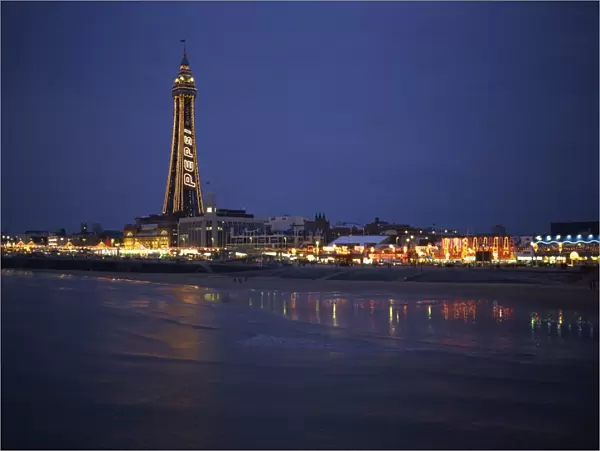 The Blackpool Tower illuminated at dusk, Blackpool, Lancashire, England