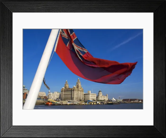 Framed Print : Red Ensign, River Mersey and Three Graces, Liverpool, Merseyside, England Framed Print : Red Ensign, River Mersey and Three Graces, Liverpool, Merseyside, England
