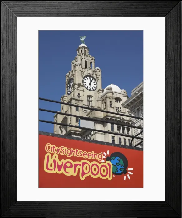 Framed Print : Sightseeing bus and Liver Building, Albert Dock, Liverpool, Merseyside Framed Print : Sightseeing bus and Liver Building, Albert Dock, Liverpool, Merseyside