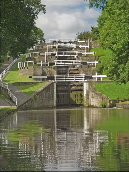 The five lock ladder on the Liverpool Leeds canal, at Bingley, Yorkshire