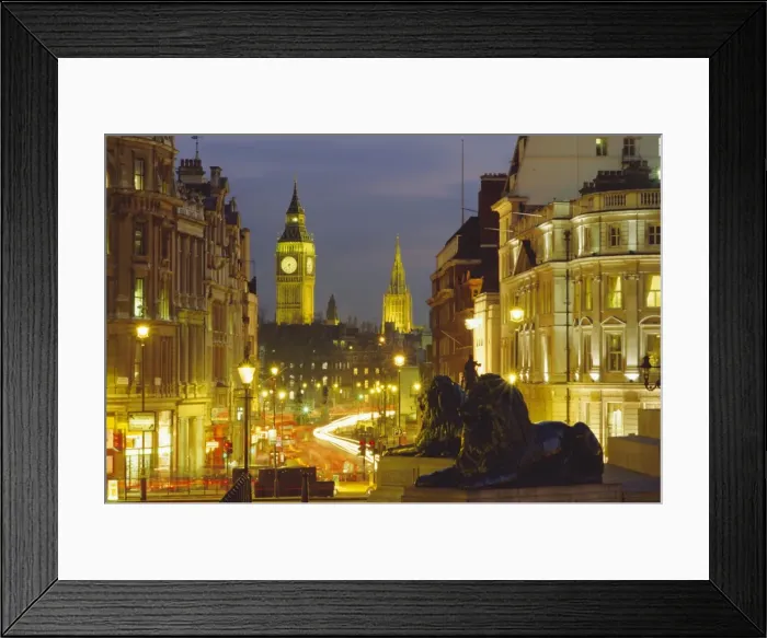 Framed Print : Evening view from Trafalgar Square down Whitehall with Big Ben in the background Framed Print : Evening view from Trafalgar Square down Whitehall with Big Ben in the background