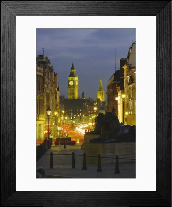 Framed Print : Evening view from Trafalgar Square down Whitehall with Big Ben in the background Framed Print : Evening view from Trafalgar Square down Whitehall with Big Ben in the background