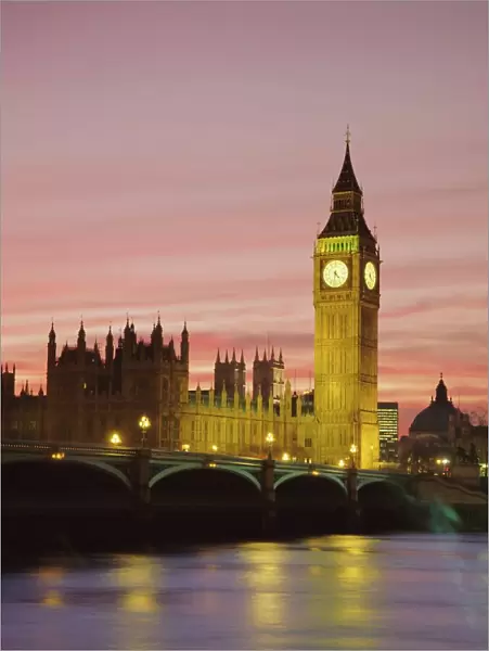 The River Thames, Westminster Bridge, Big Ben and the Houses of Parliament in the evening