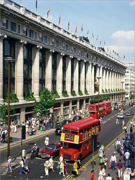 Selfridges department store and old Routemaster bus before they were withdrawn