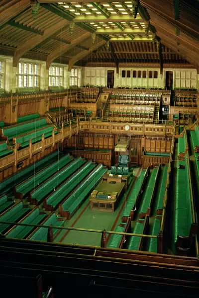 Interior of the Commons chamber, Houses of Parliament, Westminster, London