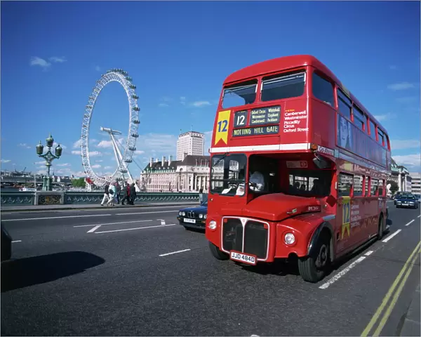 Old Routemaster bus before they were withdrawn, on Wesminster Bridge with London Eye in background