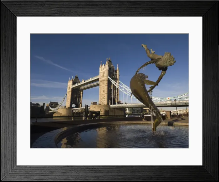 Framed Print : Tower Bridge and the Girl with a Dolphin sculpture, River Thames, London, England Framed Print : Tower Bridge and the Girl with a Dolphin sculpture, River Thames, London, England