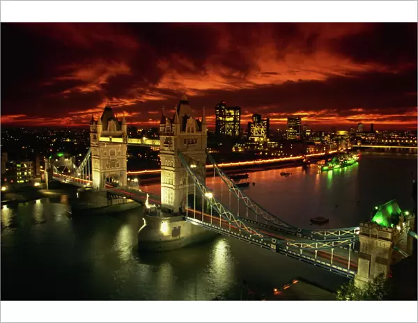Aerial view over Tower Bridge, London, England, United Kingdom, Europe
