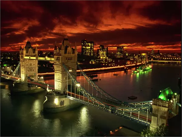 Aerial view over Tower Bridge, London, England, United Kingdom, Europe