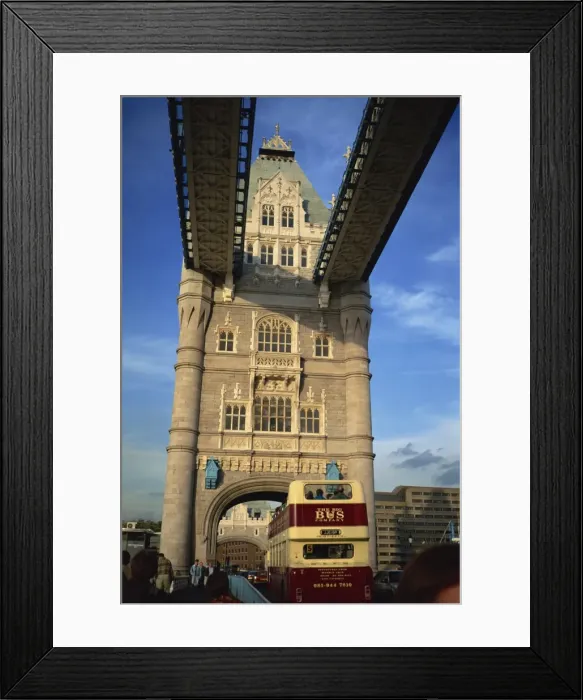 Framed Print : Detail of Tower Bridge, with double-decker bus passing through, London Framed Print : Detail of Tower Bridge, with double-decker bus passing through, London