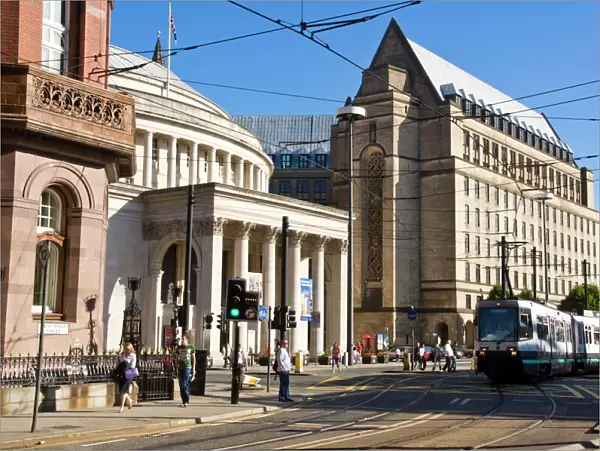 Central Library and tram, Manchester, England, United Kingdom, Europe