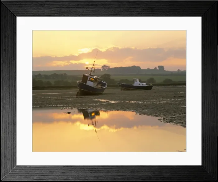 Framed Print : Fishing boat at sunset on the Aln estuary at low tide, Alnmouth, Northumberland Framed Print : Fishing boat at sunset on the Aln estuary at low tide, Alnmouth, Northumberland