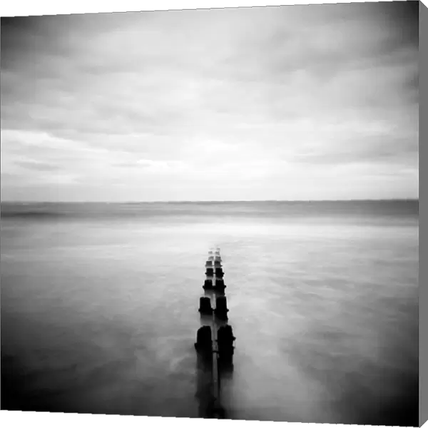 Image taken with a Holga medium format 120 film toy camera of view out to North Sea at dusk with sea washing around old wooden groynes, Alnmouth, Northumberland, England, United