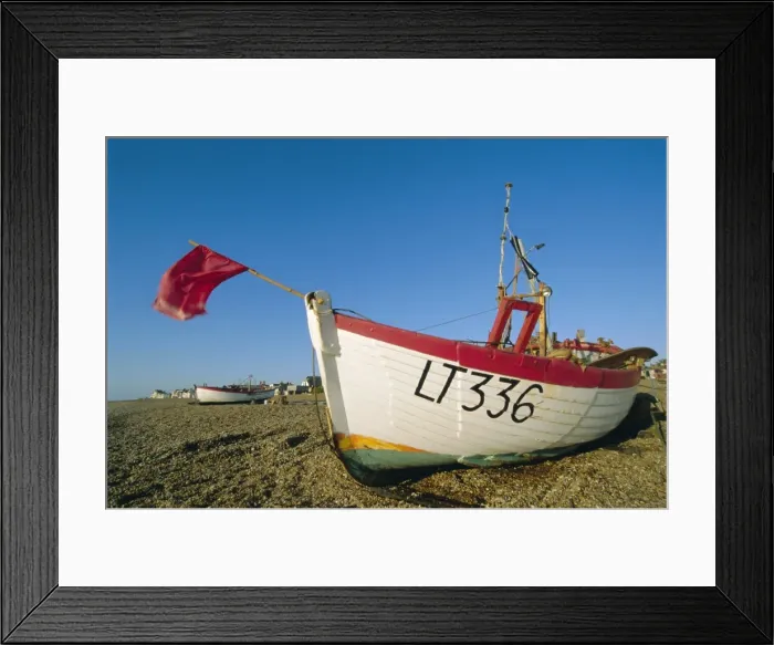 Framed Print : Fishing boat with red flag on the beach, Aldeburgh, Suffolk, England, UK, Europe Framed Print : Fishing boat with red flag on the beach, Aldeburgh, Suffolk, England, UK, Europe