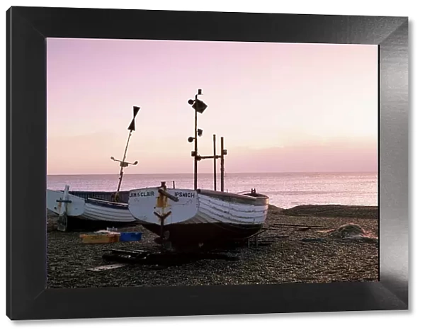 Boats and beach at dawn, Aldeburgh, Suffolk, England, United Kingdom, Europe