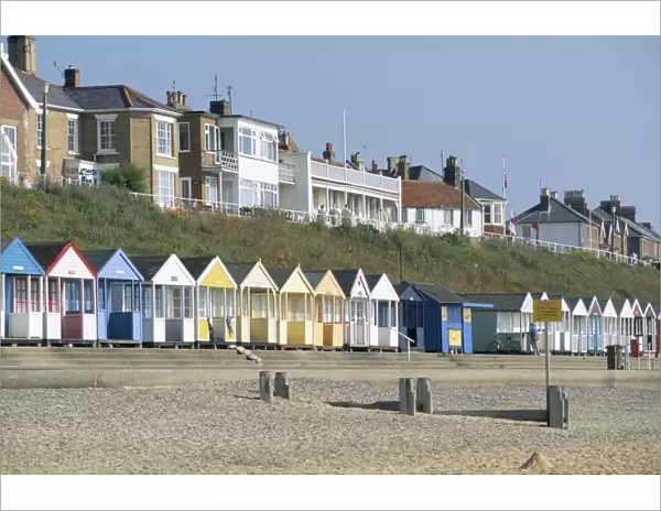 Beach huts on the seafront of the resort town of Southwold, Suffolk, England