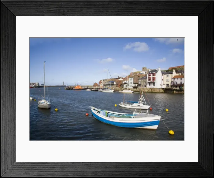 Framed Print : Boats in River Esk harbour and quayside buildings of old town, Whitby, Heritage Coast of North East England, North Yorkshire, England, United Framed Print : Boats in River Esk harbour and quayside buildings of old town, Whitby, Heritage Coast of North East England, North Yorkshire, England, United