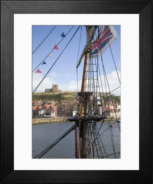 Framed Print : Old Port and St. Marys church on East Cliff across River Esk, through rigging of replica of Captain Cooks ship Bark Endeavour, Whitby, Heritage Coast of North East England, North Yorkshire, England, United Framed Print : Old Port and St. Marys church on East Cliff across River Esk, through rigging of replica of Captain Cooks ship Bark Endeavour, Whitby, Heritage Coast of North East England, North Yorkshire, England, United
