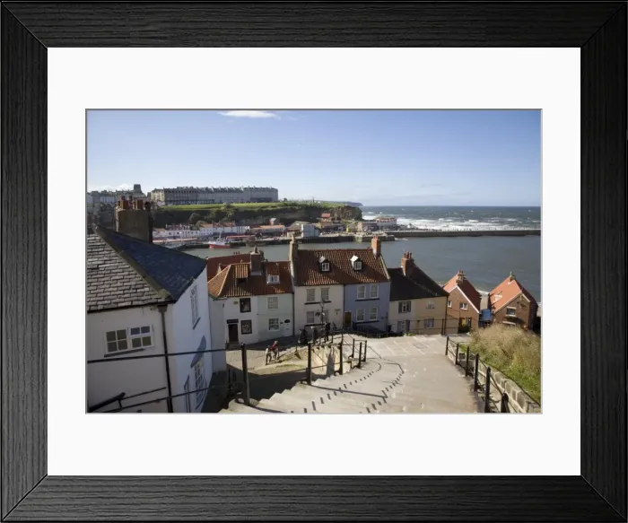 Framed Print : Old Town and River Esk harbour from steps on East Cliff, with West Cliff beyond Framed Print : Old Town and River Esk harbour from steps on East Cliff, with West Cliff beyond