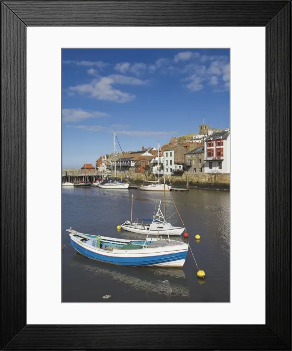 Framed Print : Whitby church and fishing boats in the harbour, Whitby, North Yorkshire Framed Print : Whitby church and fishing boats in the harbour, Whitby, North Yorkshire
