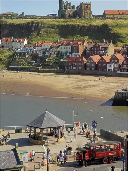 Whitby abbey, sandy beach and harbour, Whitby, North Yorkshire, Yorkshire