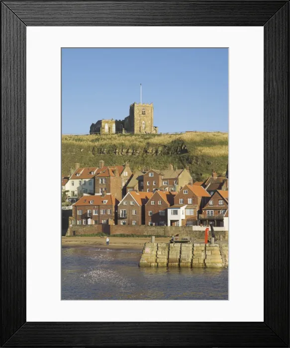 Framed Print : Church, sandy beach and harbour, Whitby, North Yorkshire, Yorkshire, England Framed Print : Church, sandy beach and harbour, Whitby, North Yorkshire, Yorkshire, England