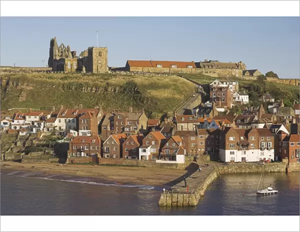 Abbey ruins, church, sandy beach and harbour, Whitby, North Yorkshire, Yorkshire